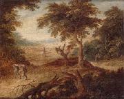 unknow artist A wooded landscape with travellers and a horseman on a track oil
